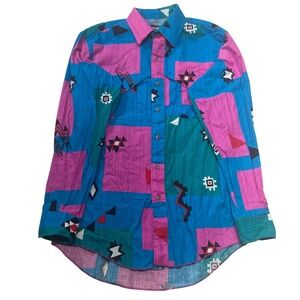 Vintage Wrangler Blue and Pink Geometric Casual Button-Down Shirt